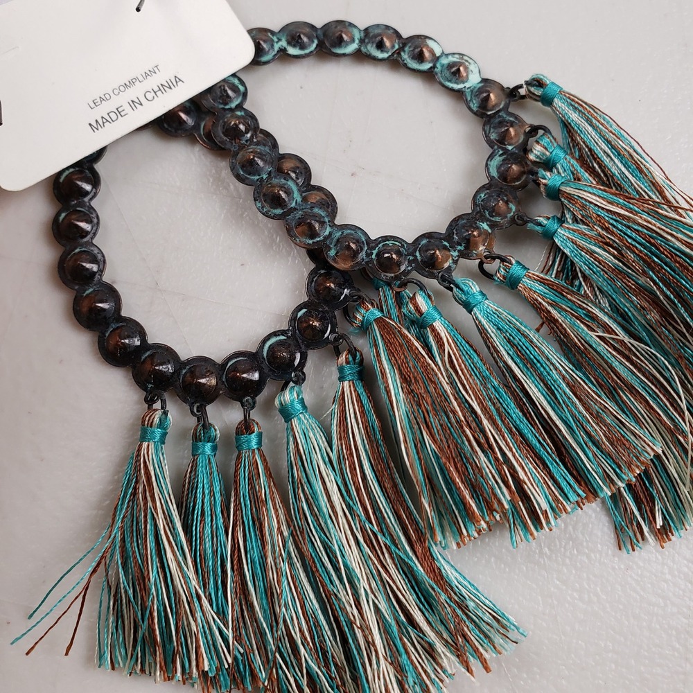 Boho Teal Brown Tassel Statement Earrings AB Crystal Copper Verdigris Boho Chic - Picture 5 of 7